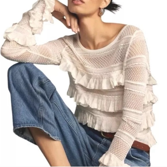 Anthropologie Tops - ANTHROPOLOGIE WHITE RUFFLE CROCHET KNIT CROPPED SWEATER TOP. Size MEDIUM.